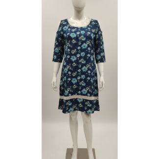 Navy blue floral print cotton tunic dress with 3/4 cold-shoulder sleeves on a mannequin