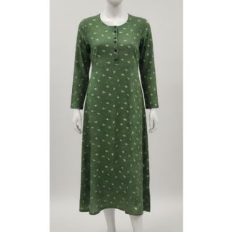Full length view of an olive green kurti with a small white floral print and long sleeves on a mannequin.
