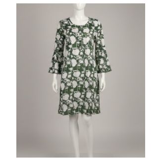 Olive green floral print cotton dress with bell sleeves