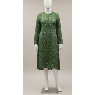 Olive green printed A-line kurti with full sleeves and band collar displayed on a mannequin