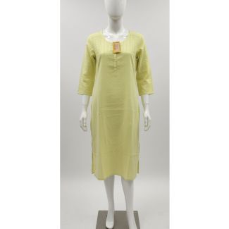 Pale yellow striped cotton kurti with 3/4 sleeves and A-line fit - Gangavathi Exports