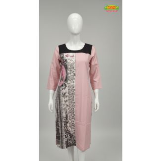 Pink printed cotton straight kurti 3/4 sleeve - Gangavathi Exports