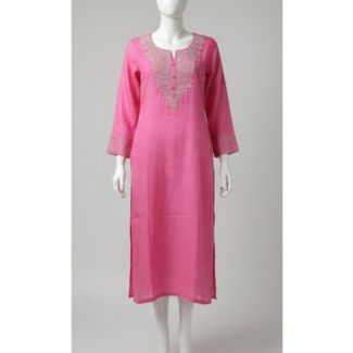 Pink embroidered kurti 3/4 sleeve A-line India