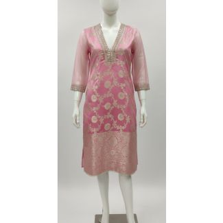 Pink embroidered silk kurti 3/4 sleeve A-line India