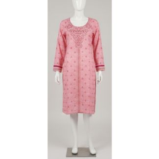 Pink straight cut cotton kurti with full sleeves and detailed embroidery on the neckline India