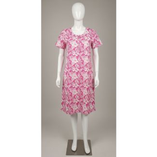 Pink and white all-over floral print short sleeve knee length dress on a white mannequin