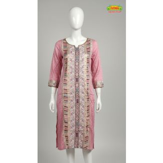 Pink floral cotton kurti with 3/4 sleeves and A-line cut - Gangavathi Exports