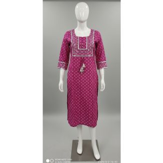 Pink geometric print cotton kurti with 3/4 sleeves and embellished neckline