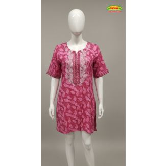 Pink leaf print cotton kurti with 3/4 sleeves and embroidered neckline