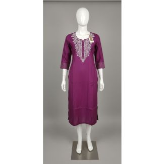 Plum embroidered cotton kurti 3/4 sleeve A-line India