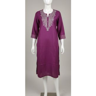 Plum embroidered cotton kurti 3/4 sleeve A-line India