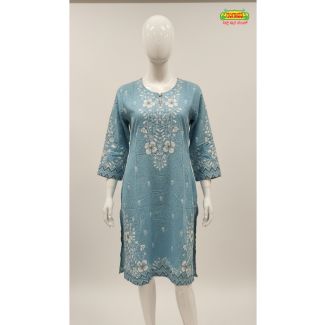 Powder blue floral cotton kurti with 3/4 sleeves and straight hem