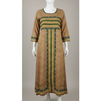 Brown and green printed A-line kurti with 3/4 sleeves displayed on a mannequin in India