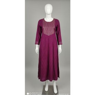 Purple printed cotton kurti 3/4 sleeve A-line India