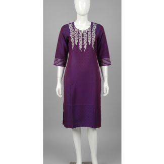 Deep purple straight cut kurti with silver embroidery on yoke displayed on a mannequin in India