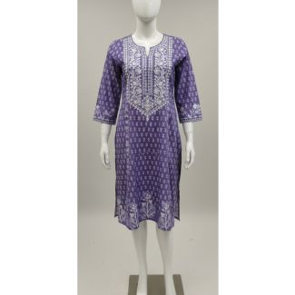 Purple white print cotton kurti 3/4 sleeve A-line India