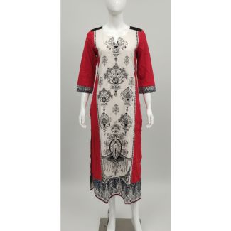 Red and off-white straight cut cotton kurti with bold black block print pattern