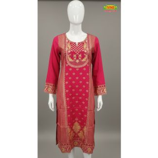 Red embroidered A-line kurti with full sleeves - Gangavathi Exports