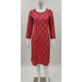 Red printed cotton kurti with 3/4 sleeves and A-line fit - Gangavathi Exports