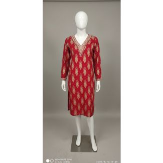 Red printed cotton kurti V-neck full sleeve - Gangavathi Exports