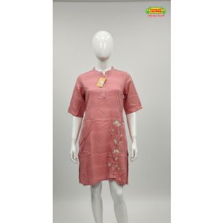 Rose pink cotton kurti with 3/4 sleeve and floral embroidery - budget-friendly