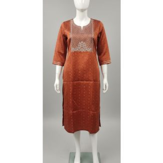 Rust brown jacquard kurti with 3/4 sleeves and embroidery India