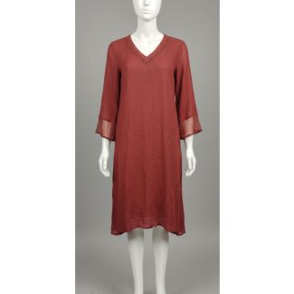 Rust Red V-Neck 3/4 Sleeve A-Line Dress India