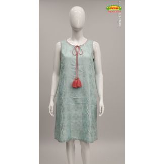Seafoam green sleeveless knee-length tunic dress with pink piping and coral tassels - Gangavathi Exports