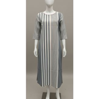 Grey and white vertically striped cotton knee-length kurti on a mannequin