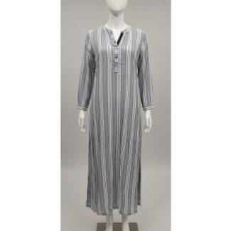 Full length view of a budget-friendly blue and white vertically striped cotton shirtdress on a mannequin.