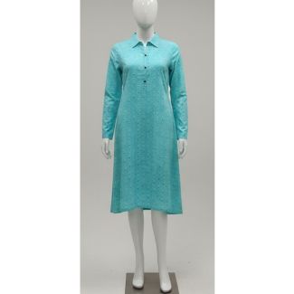 Teal blue dotted cotton kurti full sleeve A-line India