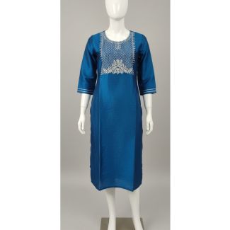 Teal blue embroidered kurti 3/4 sleeve straight fit India