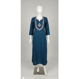 Teal blue straight-cut women's kurti with 3/4 sleeves and pink embroidery on the chest area, displayed on a mannequin in India.