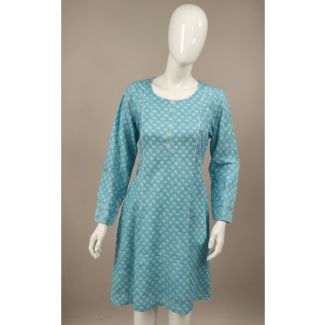 Teal blue floral cotton kurti full sleeve A-line India