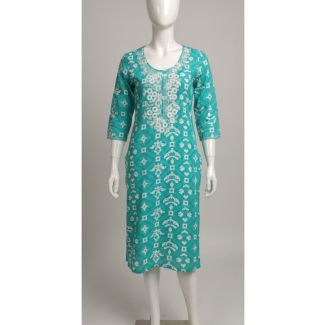 Teal Blue cotton kurti with white geometric Ikat print, 3/4 sleeves, and straight fit - Gangavathi Exports