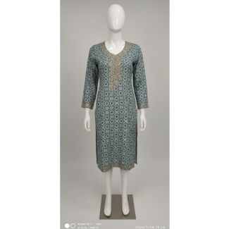 Teal blue geometric print cotton blend kurti with zari embroidery V-neck - Gangavathi Exports