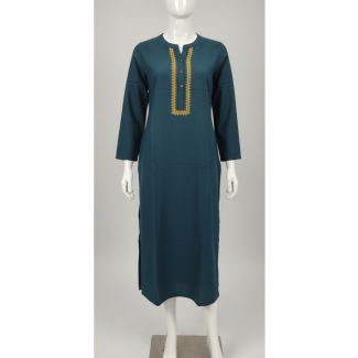 Deep teal straight fit cotton kurti featuring a gold geometric embroidered placket and 3/4 sleeves on a mannequin.