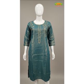 Teal Green embroidered kurti, 3/4 sleeve, A-line - Gangavathi Exports