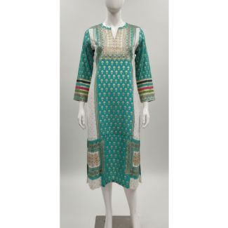 Teal green floral cotton kurti with 3/4 sleeves and A-line silhouette - Gangavathi Exports