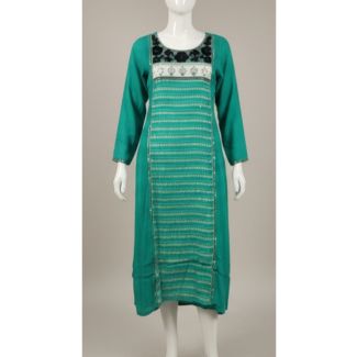Teal green straight cut kurti featuring a detailed printed yoke and vertical gold stripes on the body, India.