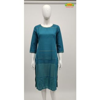 Teal blue striped cotton kurti with 3/4 sleeves displayed on a white mannequin.