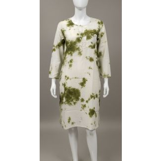 White and olive green tie-dye cotton kurti with 3/4 sleeves - Gangavathi Exports