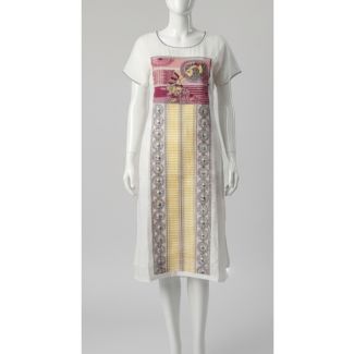 White cotton silk kurti with pink and yellow central panel print