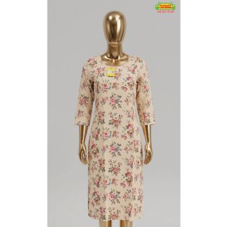 Womens beige floral print straight cut cotton kurti with 3/4 sleeves India