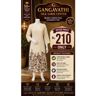 Women's Beige Floral Slub Cotton Kurti 3/4 Sleeve Casual Wear India