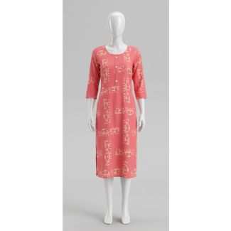 Women's Coral Pink Printed Rayon 3/4 Sleeve Straight Kurti India