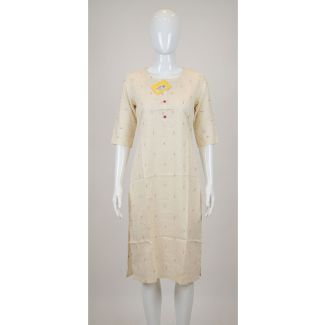 Women's Cream Floral Rayon Kurti 3/4 Sleeve Straight Cut India