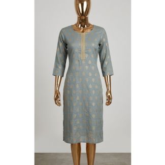 Women's grey cotton kurti with gold leaf print and 3/4 sleeves India