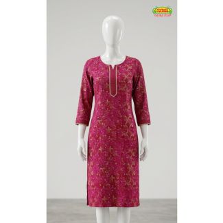 Women's Magenta Floral Cotton Kurti with 3/4 Sleeve Straight Cut India
