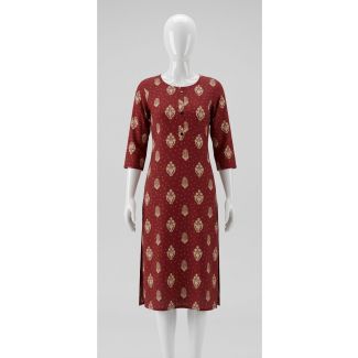 Women's Maroon Floral Rayon 3/4 Sleeve Straight Cut Kurti India